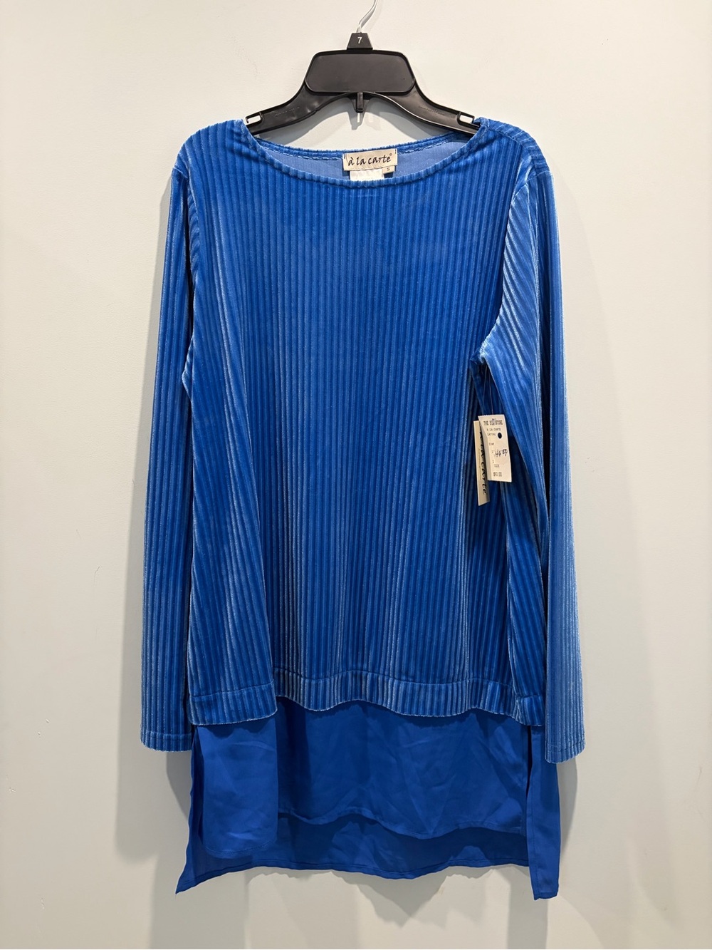À La Carte Blue Ribbed Velvet & Chiffon Layered Long Sleeve Tunic Top Sz S NWT